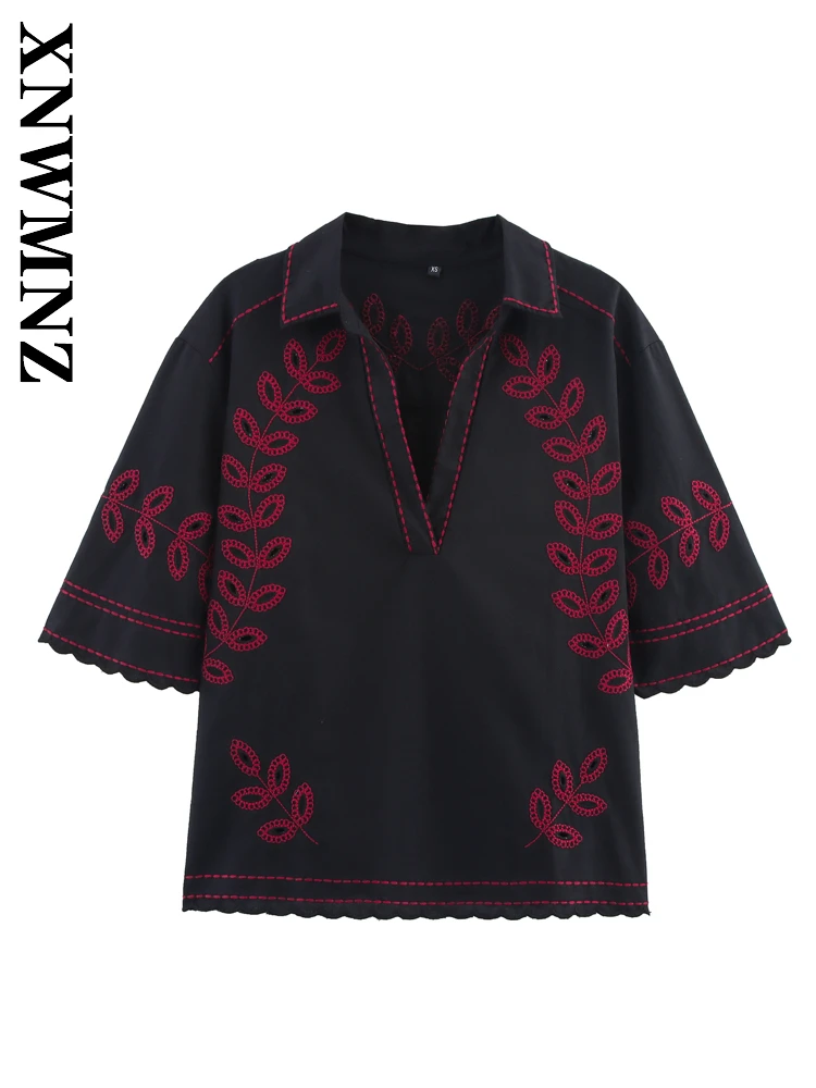 

XNWMNZ 2025 Summer Woman's Simple Casual Short Sleeve V-Collar Short Sleeve Top boho Women Clothing Black Shirt Fashion Top