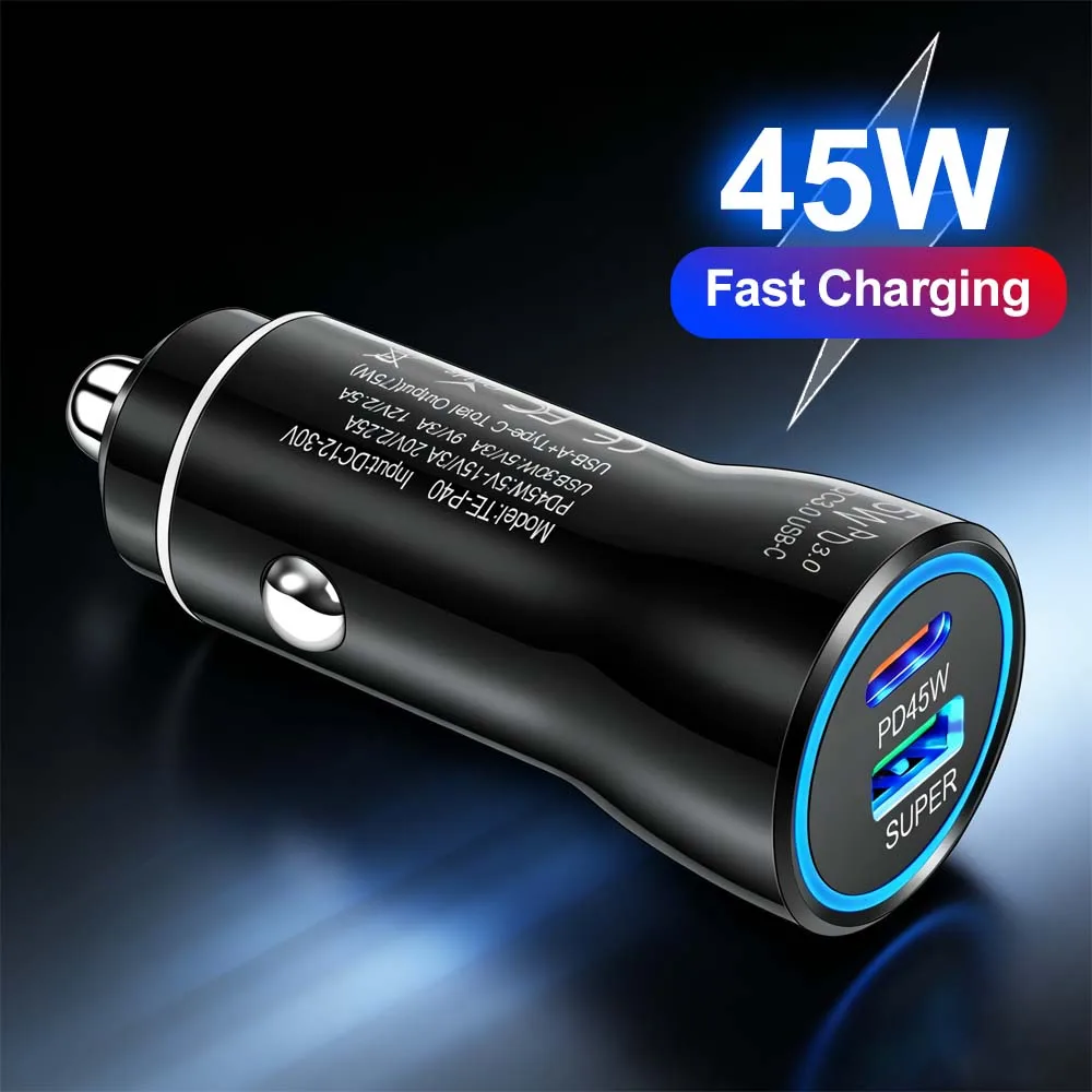 

45W USB-C Black Car Charger Dual Port Type C PD Charger Fast Car Charging Power Adapter Suitable For Samsung For iPhone 17 16