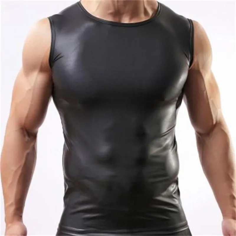 Summer Mens Imitation Leather Vest Comfortable Crew Neck Patent Leather Wide Shoulders Sleeveless Black