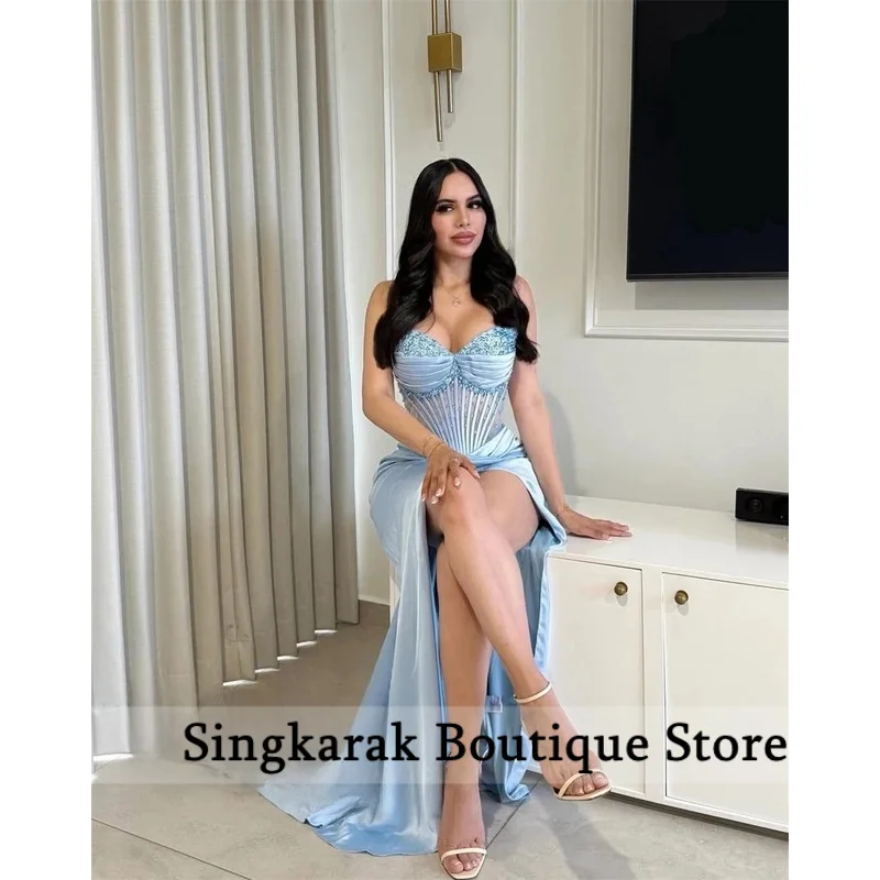 

Нежное синее атласное вечернее платье по индивидуальному заказу. Изысканное платье для выпускного вечера без бретелек с жемчугом. Часовня со шлейфом. Русалка. Платья на заказ.