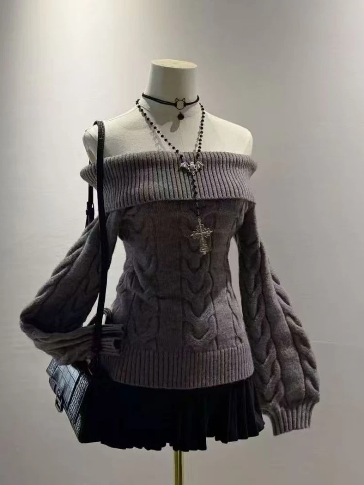 مثير قبالة الكتف سترة المرأة سليم متماسكة كم طويل الكورية الشارع الشهير شتاء دافئ البلوز موضة الاتجاه فتاة أنيقة جديدة #2