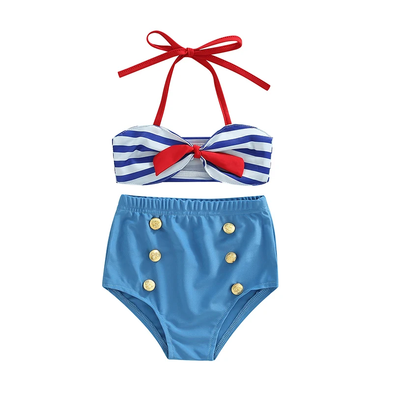 Yiiciovy Summer Cute Baby Girls Swimwear 2 Pcs Bowknot Bikini Set Summer Hanging Neck Striped Top Elastic Waist Button Shorts