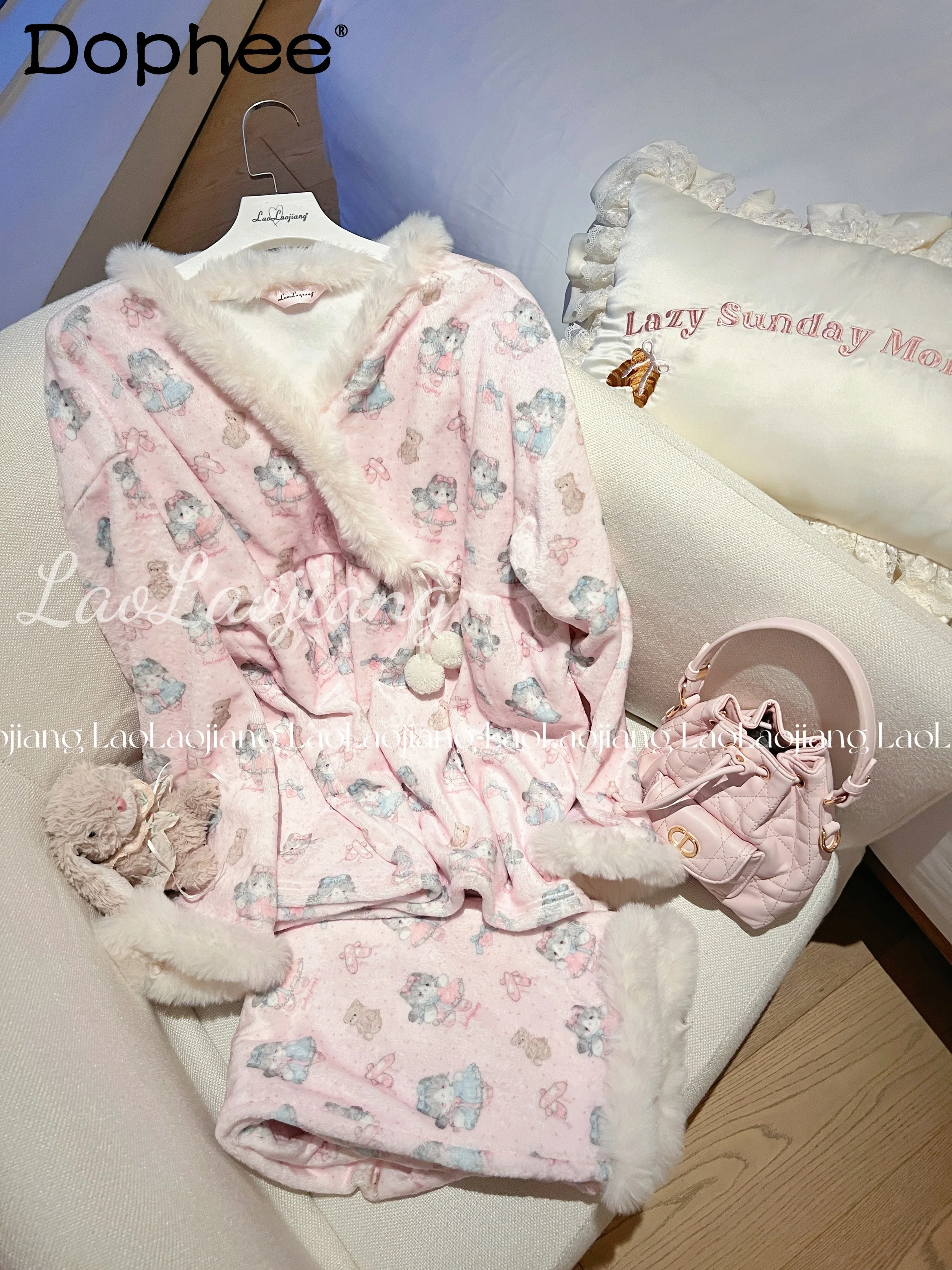 

Фланелевые пижамы для женщин, осенне-зимние утолщенные японские пижамы в милом стиле, подходят для ношения вне дома