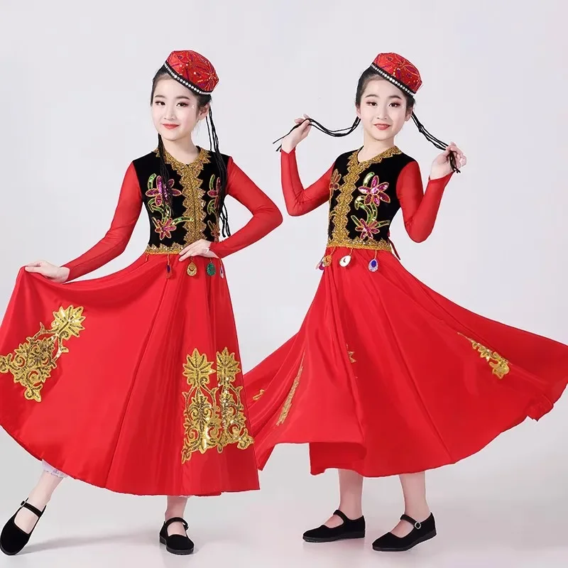 Trajes de baile étnicos chinos de Xinjiang, vestido de baile minoritario para niñas, trajes de baile puesta en escena uigur