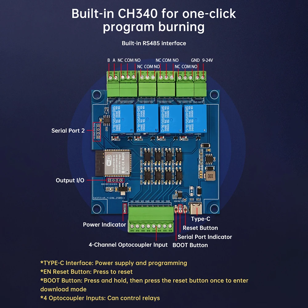 DC 9-24V 4/8 Channel ESP32 Modbus Relay RS485 Optocoupler Isolation Optional Enclosure Power Supply CH340 Chip