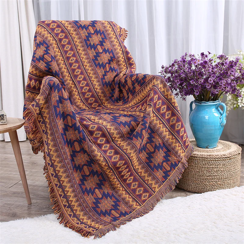 

Bohemian Woven Chair Sofa Blanket with Fringe Tapestry Bedspread Boho Throw Blankets for Living Room Carpet Cover Home Decor