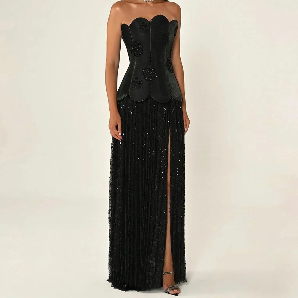 맞춤형 A라인 이브닝 드레스 바닥 길이 스트랩리스 민소매 프롬 가운 패션 스팽글 사이드 슬릿 드레이프 파티 가운