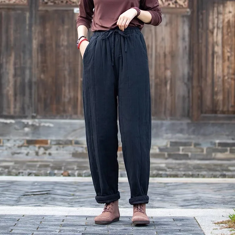 الراقية المرأة سراويل قطنية Thiened الشتاء عادية مستقيم الساق ملابس خارجية دافئة بنطلون طويل ريترو Sle تأثير التخسيس
