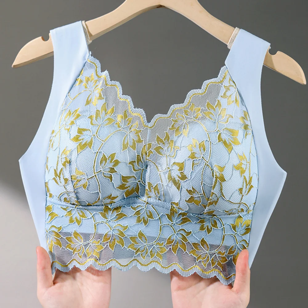 Sweet Mesh Flower Wireless Deep V Bra Close-fitting Shockproof Push Up Underwear Anti-sagging Lingerie Brassiere for Women Girls