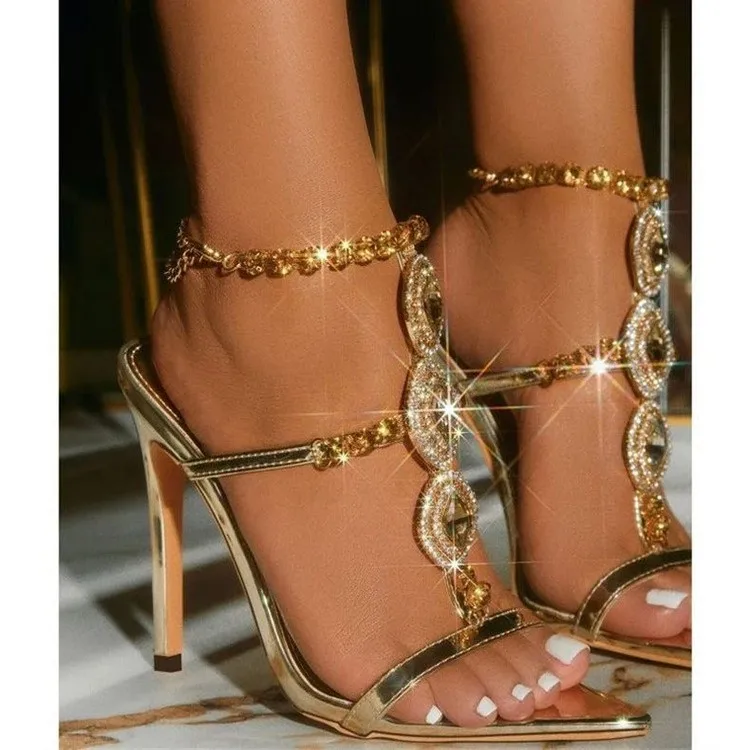 

High heels 2026 summer gold rhinestone gemstone rhinestone slim heel open toe sandals for women summer high heels