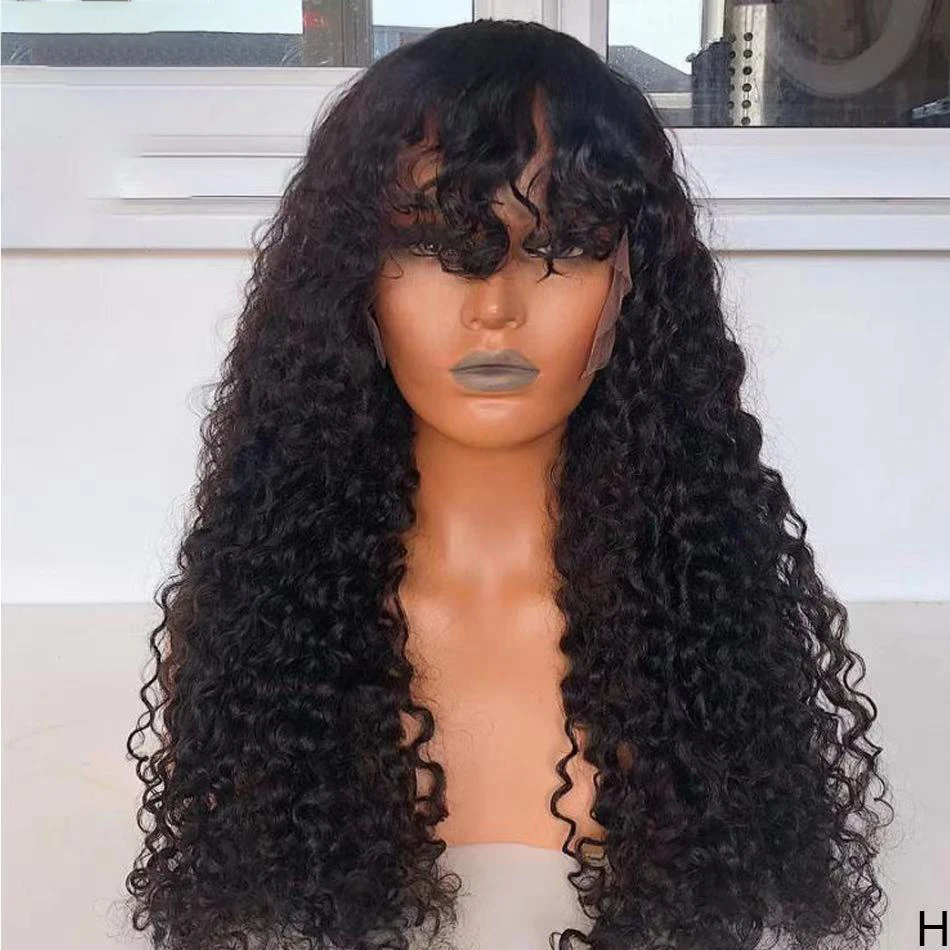 Glueless Natural Black 24Inch Soft Long 180Density Kinky Curly Machine Wig For Women With Bangs Baby Hair Preplucked Natural