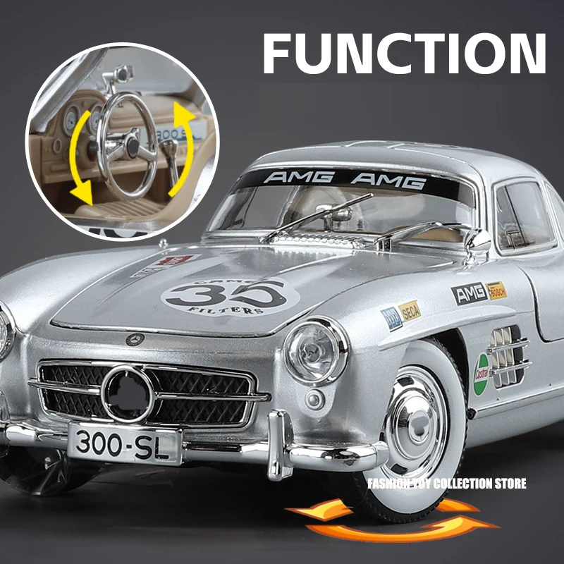 1:24 300SL 35# Vintage Classic Alloy Car Model Diecasts Toy With Sound and Light Vehicles Decoration Toys For Kids Gift