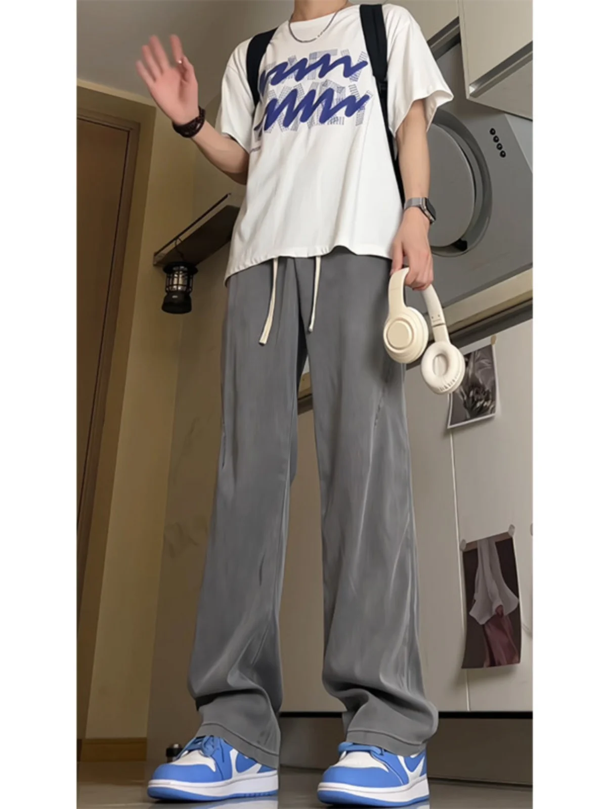 

Light ey Ice Silk Men's Jeans Summer Thin Elastic Waist Straight Leg Knife Trousers Low Rise Faionable Streetwear