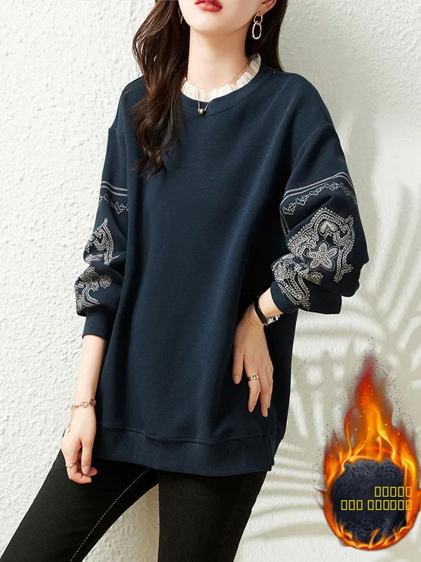 Dames losse pasvorm geborduurd fce gevoerd verdikt groot formaat sweatshirt casual sle hoge taille pure kleur herfst winter n...