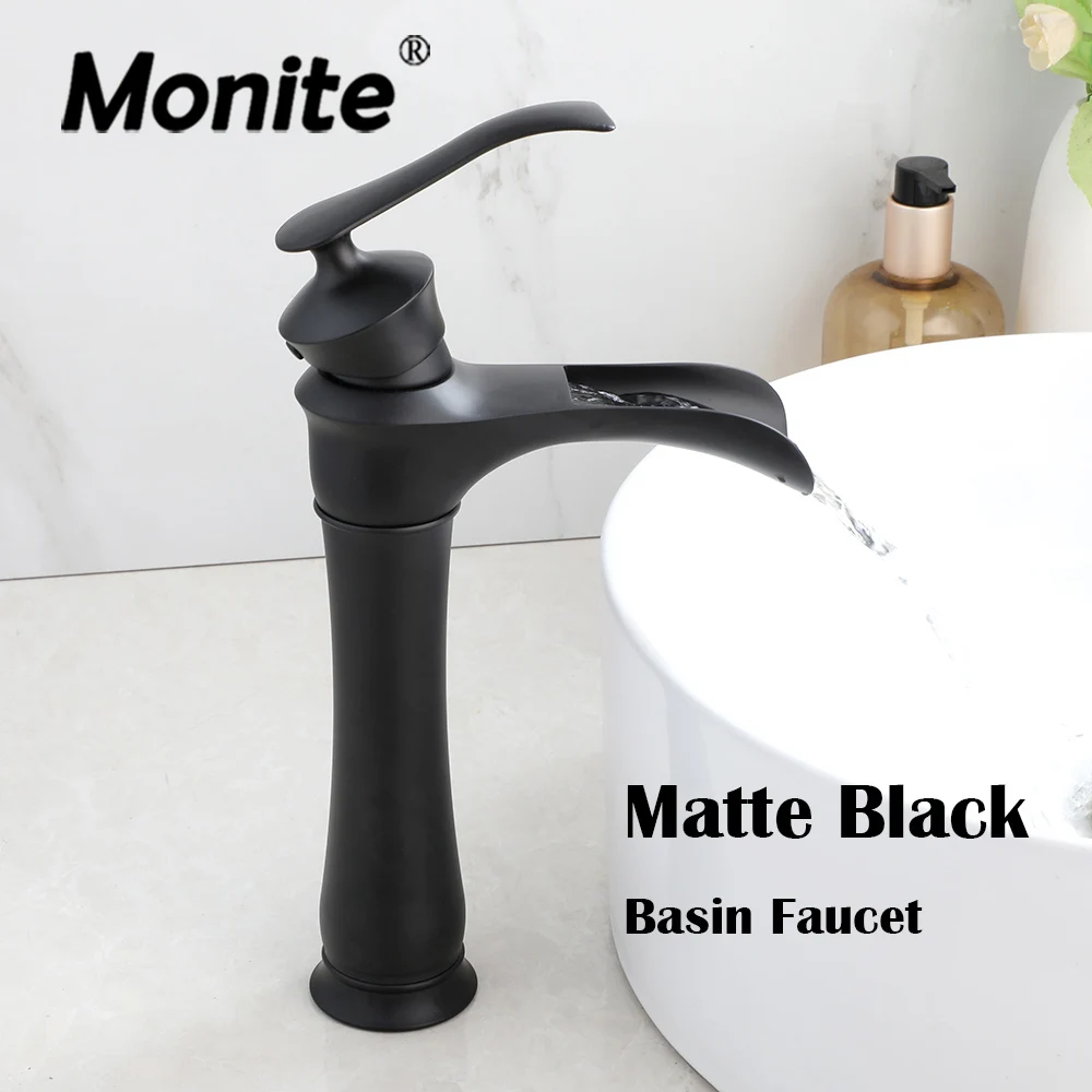 

Monite Bathroom Basin Faucet Matte Black Waterfall Outlet Faucets Deck Mounted Single Handle Control Hot Cold Water Mixer Taps