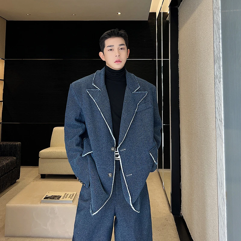 

Spring New Original Silhouette Denim Waed Hem oulder Padded Men's Casual Suit Jaet Loose Fit Long Sve Turn-down Collar