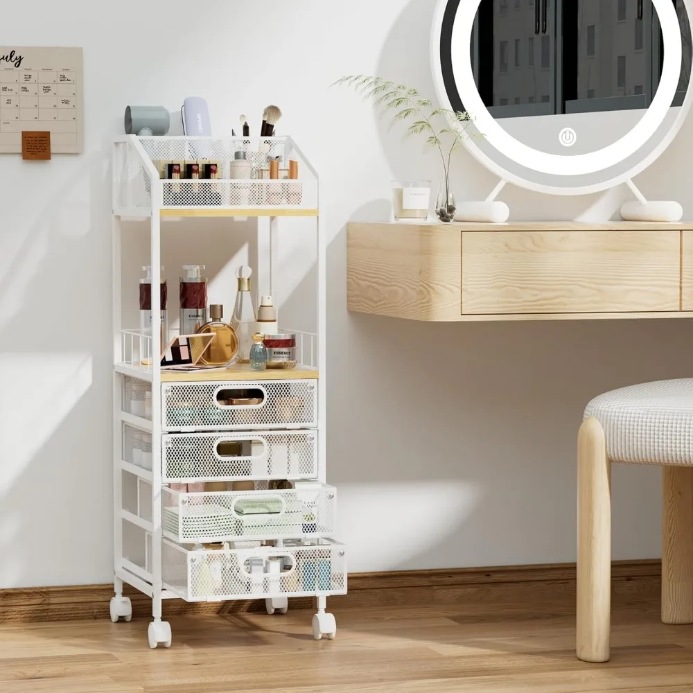 4-Drawer Rolling Makeup Cart with Display Case - Skincare & Cosmetics Organizer for Vanity Storage