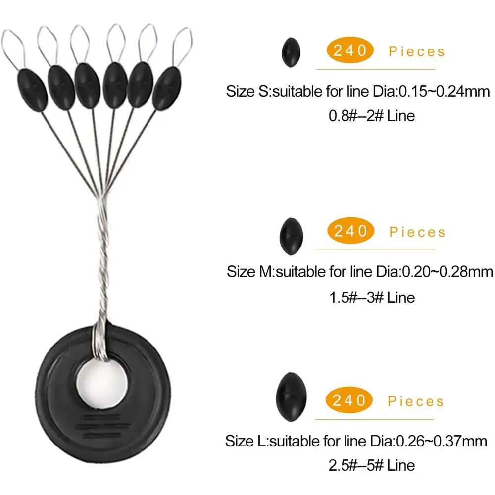 طقم بوبر لصيد السمك مكون من 720 قطعة: سدادة مطاطية سوداء، 6 مقاسات، L، M، S