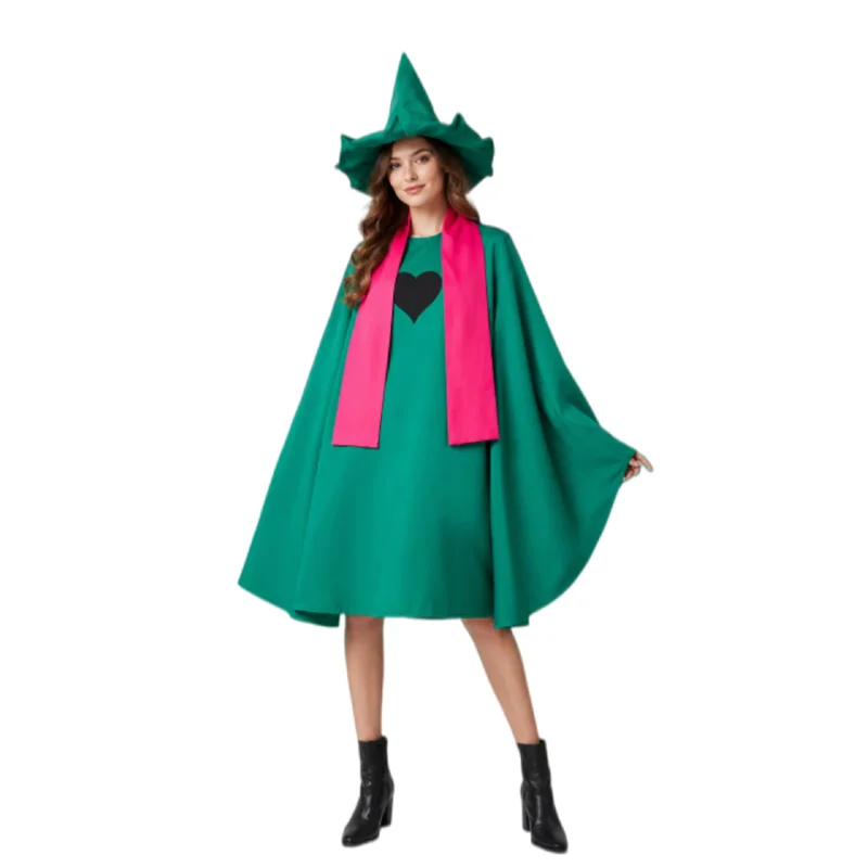 Disfraz completo de Deltarune Ralsei para cosplay, 3 piezas: capa verde, sombrero de mago, bufanda rosa, orejas y tocado, disfraz para juego de rol de Halloween.