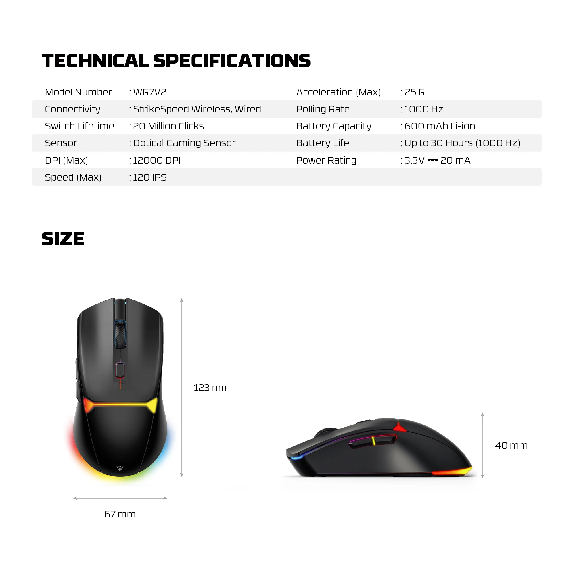 FANTECH CRYPOT II WG7v2 Mouse da gioco wireless e mouse cablato 12000 DPI ARPG Rivestimento anti-sudore Macro Mic per CSGO LOL
