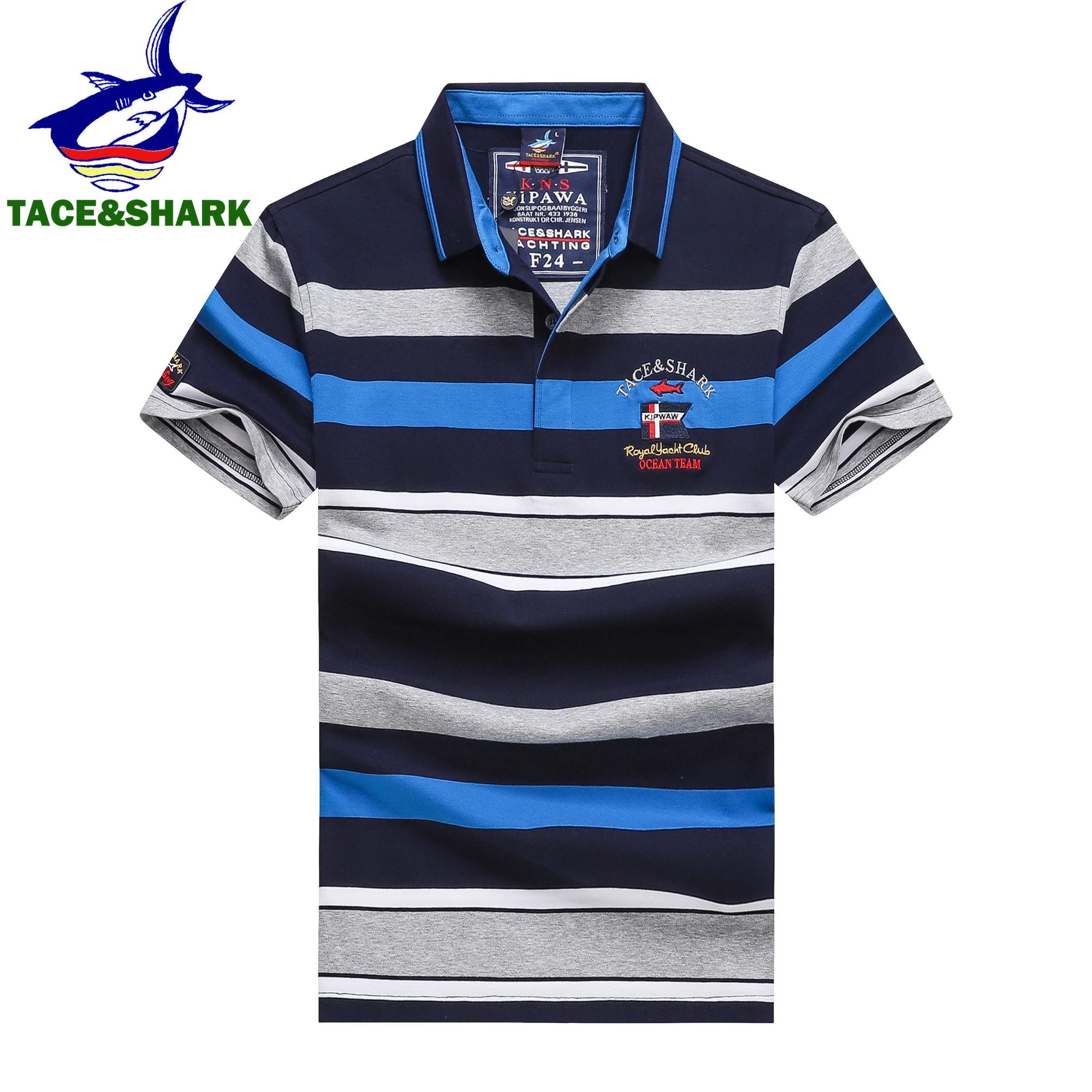 

TACE&SHARK High Quality New Style Fashion Men Stripe Polos Homme Casual Embroidery Short Sleeve Polo Shirt Button