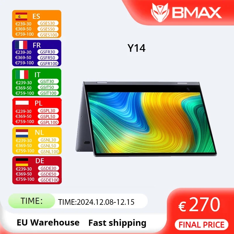 BMAX Y14 360° °   Laptop 14 inch Notebook Windows 11 16GB RAM LPDDR5 512GB SSD 1920*1080 IPS Intel N100 laptops Computer