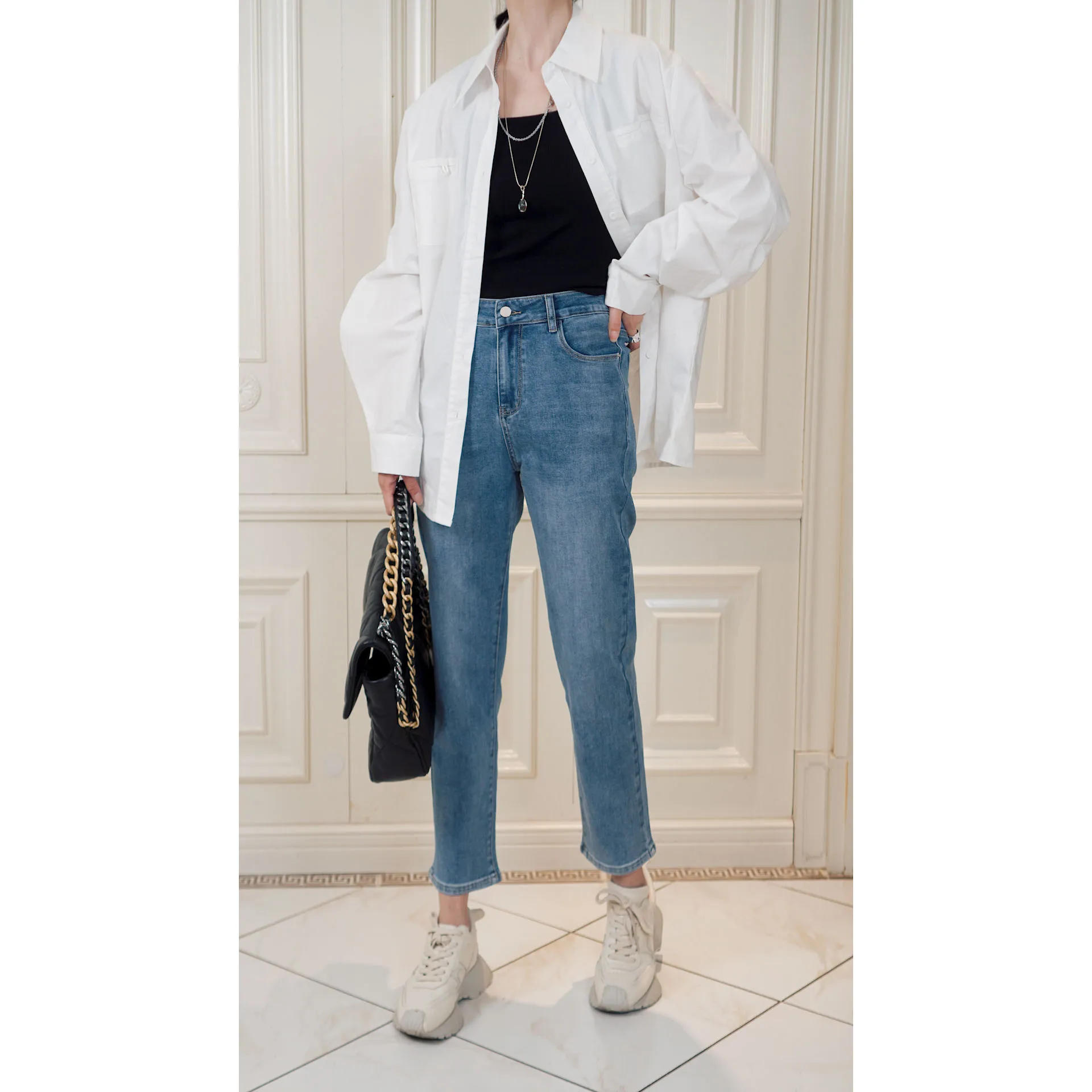 

High Waist Straight Leg Denim Jeans Women's Small Size Elastic Nine Tube Pants Cotton Stretch Denim Light Color Long Pants