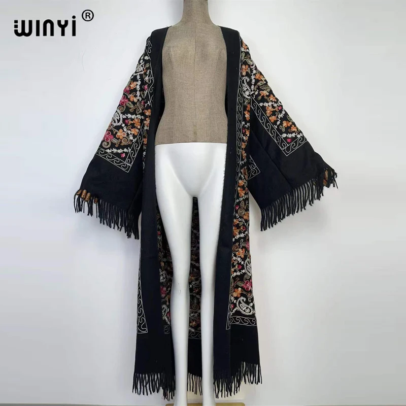 2022 WINYI Winter Women tassel Pashmina Embroidery Long Coat Loose Lapel OverCoat Thick Warm free size Middle East Female KIMONO