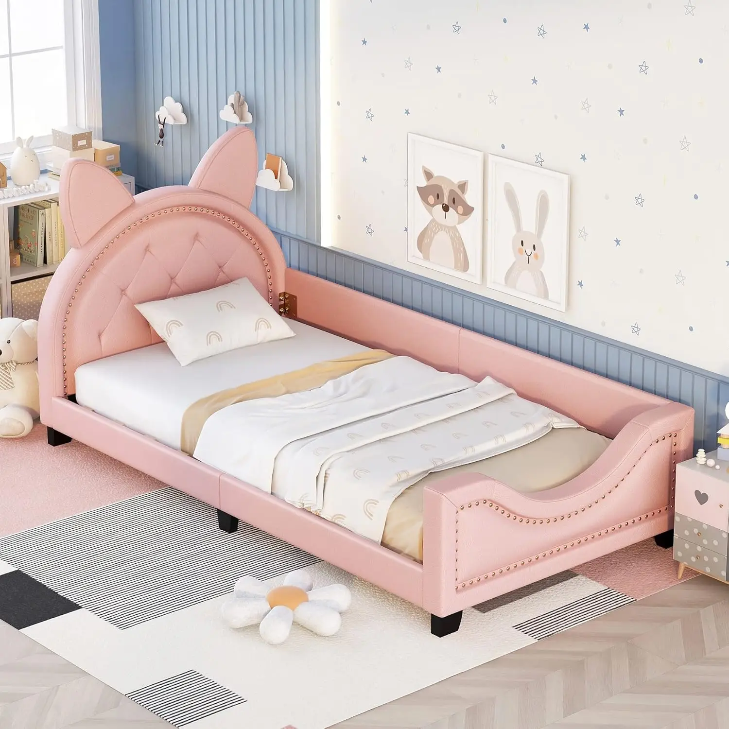 Estrutura de cama com plataforma de madeira de tamanho duplo com cabeceira em forma de casa para meninos, meninas, crianças pequenas (rosa)