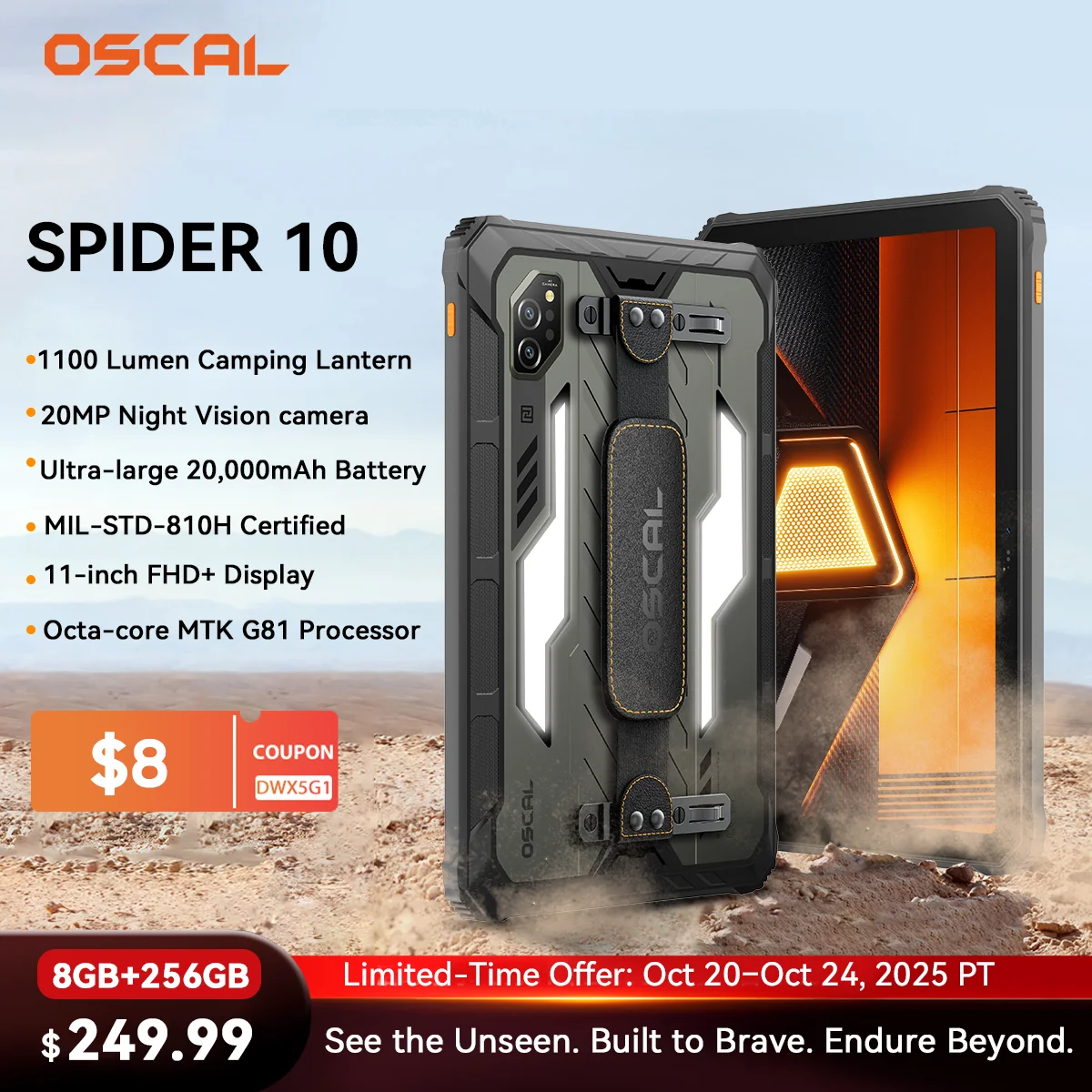 แท็บเล็ต Blackview OSCAL SPIDER 10 รุ่นทนทาน, หน้าจอ 11 นิ้ว FHD+IPS 60Hz, 8GB+256GB, MediaTek G81, แบตเตอรี่ 20000mAh, ระบบปฏิบัติการ Android 15