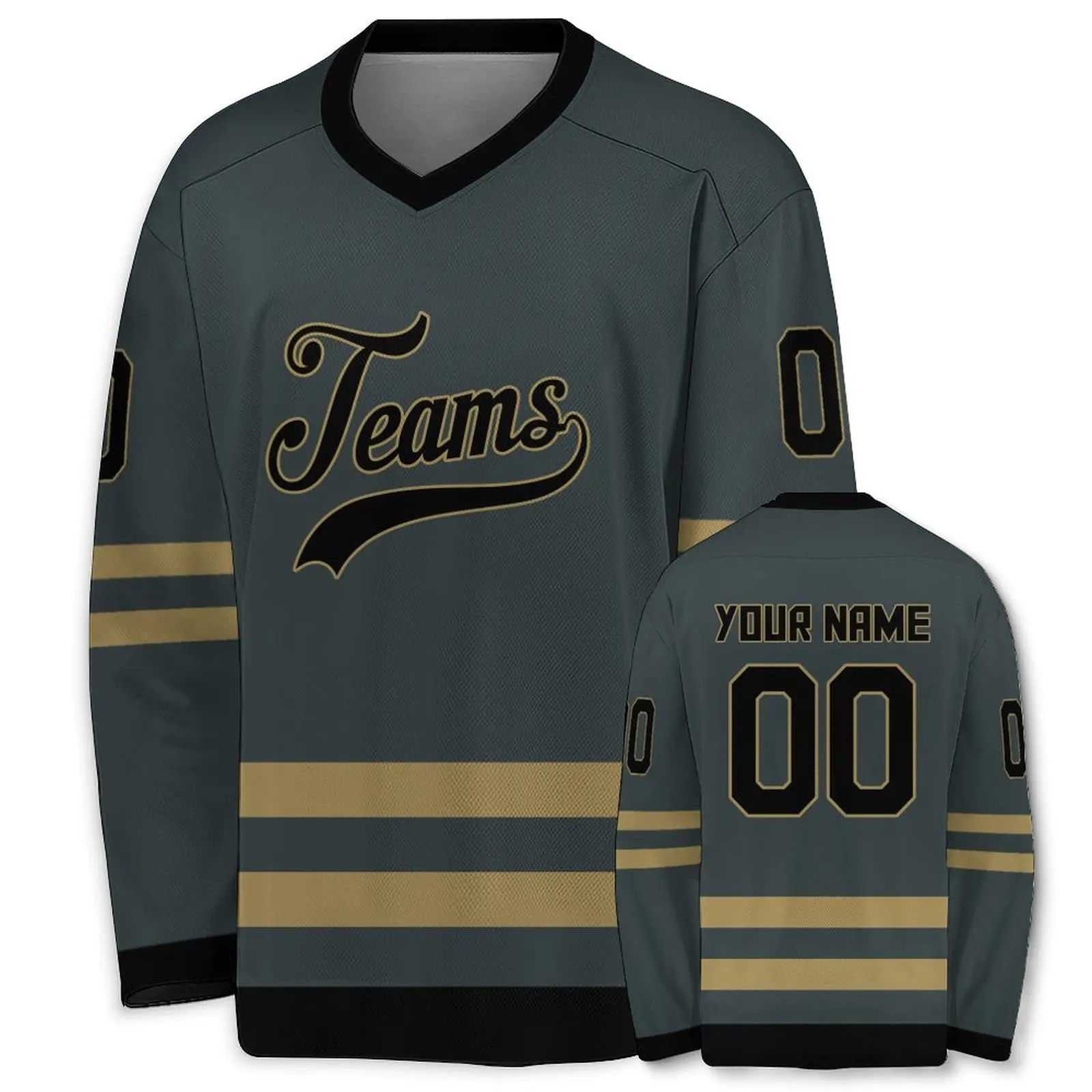 Custom Ice Hockey Jersey Gray Gold Hockey Training Uniform Personalized Name Number V-Neck Jersey Men Women Youth Kids Fans Gift