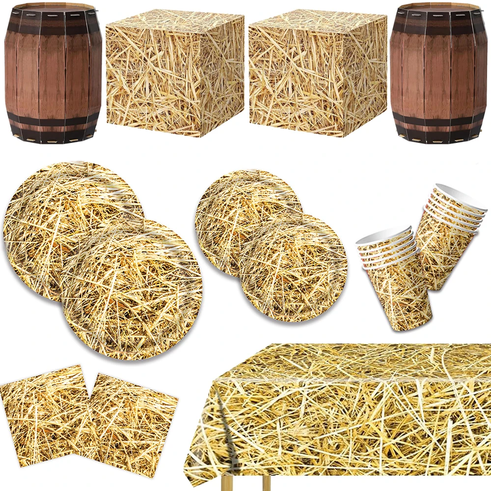 Bauernhof Stroh Party Dekorationen Geschirr Set Pappteller Tassen Schnapstifte Stroh Box Westtern Cowboy Heuballen Geburtstag Party Supplies
