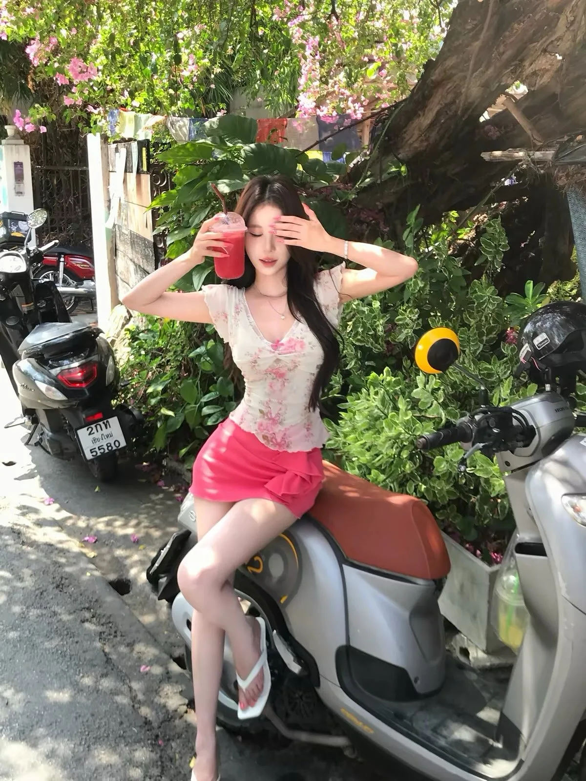 Y2K Romantic Floral Print Mesh Tee Women Lace V Neck Twist Front Slim Short Sleeve Girly Aesthetic Summer Blouse