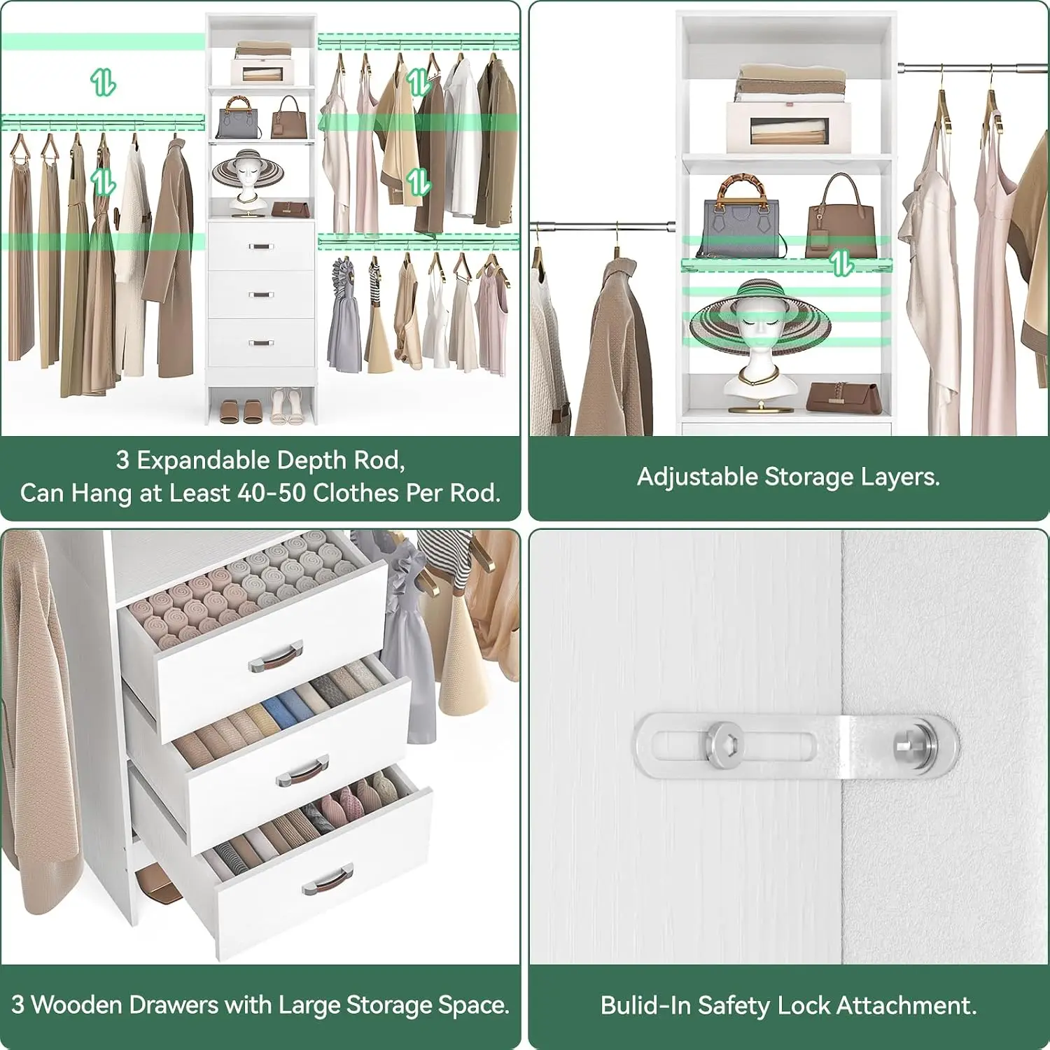96'' Closet Organizer System with 3 Hanging Rods & 3 Wooden Drawers, Adjustable Walk-in Wardrobe from 5-8FT, White, Customized