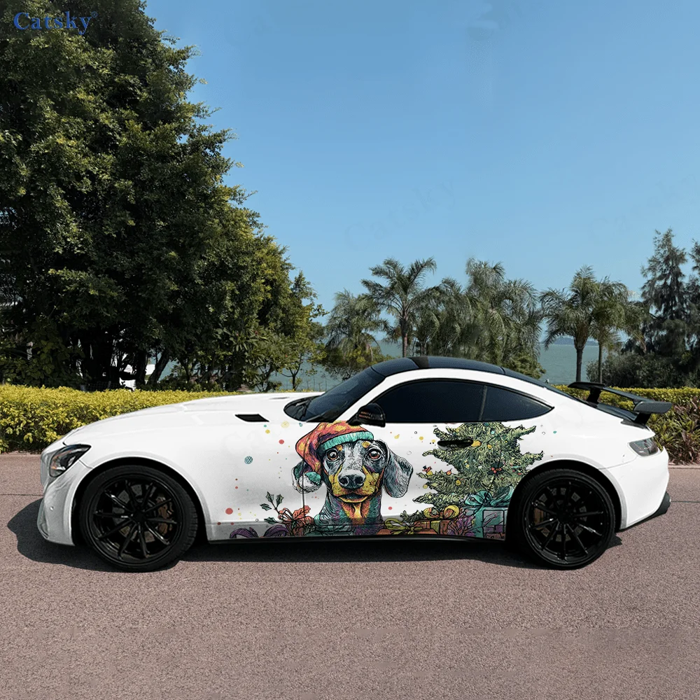 

Рождественская собака, сосна, автомобильные виниловые наклейки, самоклеящаяся наклейка из ПВХ, подходит для грузовиков, внедорожников, украшения, автоаксессуары, подарок