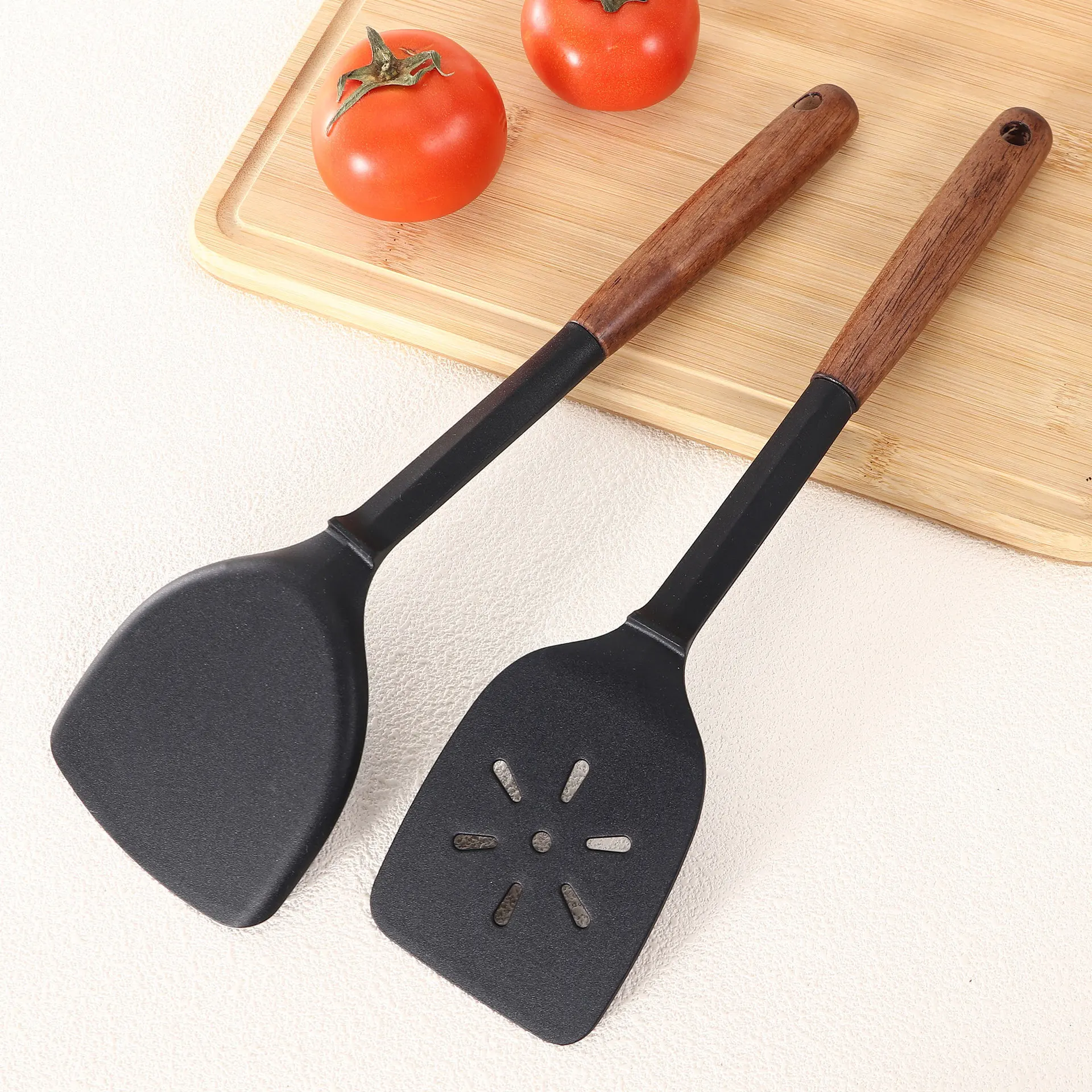 HYS Silicone Kitchenware Set European Non-stick Pot Silicone Spatula Wooden Handle Plastic Rack Kitchen Supplies