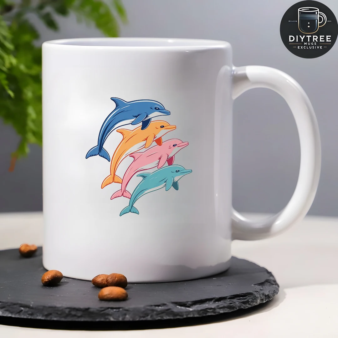 Vierfarbiger Delphin-Sprungbecher 11OZ Kinderbecher für kalte und heiße Getränke, Weihnachtsgeschenk für Familie und Büro
