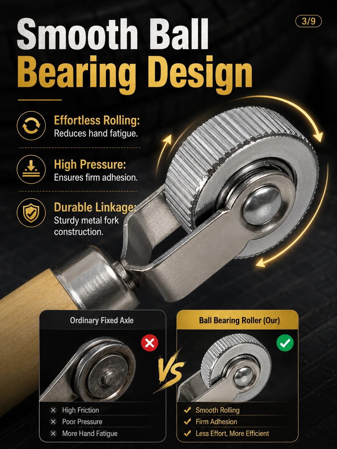 6mm Tire Patch Roller Tool Heavy Duty Professional Grade Tire Repair Roller with Precision Bearing Ergonomic Wooden Handle