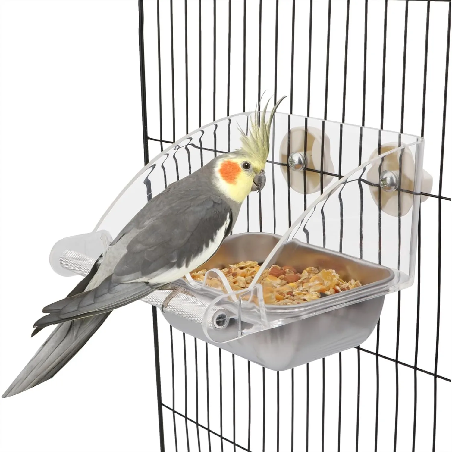 

Transparent Bird Feeder for Cage with Anti-Slip Perch Stainless Steel Bowl for Parakeets Budgies Cockatiels Lovebirds