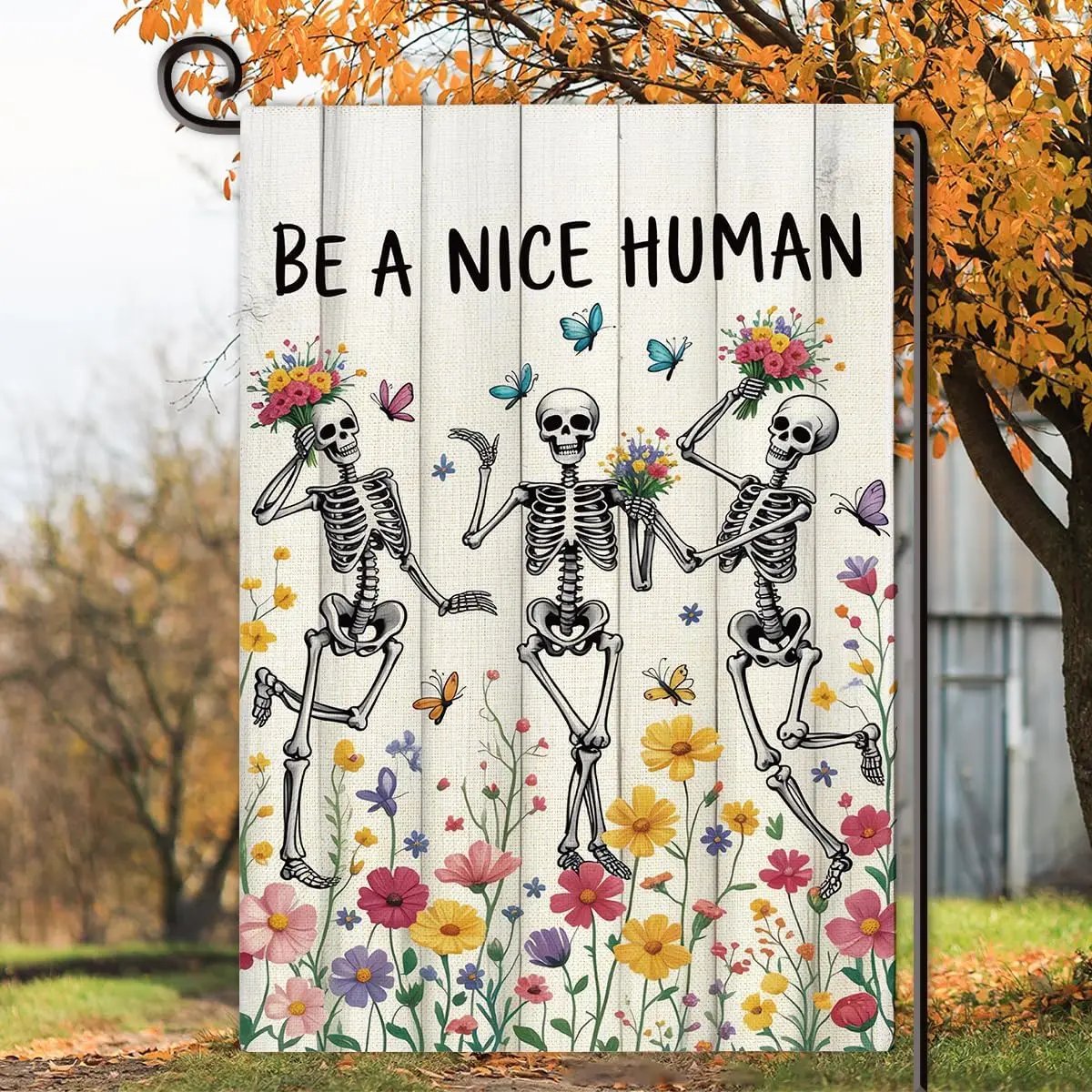 Floral Skeleton Garden Flag Double Sided Be a Nice Human Skull Flowers Yard Flag Seasonal Outdoor Decoration for Patio Lawn  yyi