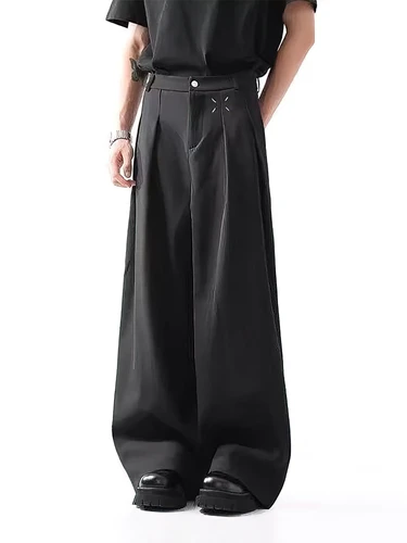 Imagen 2 del producto Pantalones holgados negros para hombre, ropa de trabajo informal de pierna ancha, Pantalones rectos, pantalones Cargo holgados y frescos drapeados de lujo para hombre