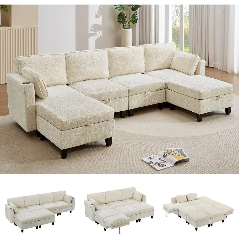 

Convertible Sleeper Sofa Couch Bed with Adjustable Backrest, Chenille Couch with Storage & Charging Ports