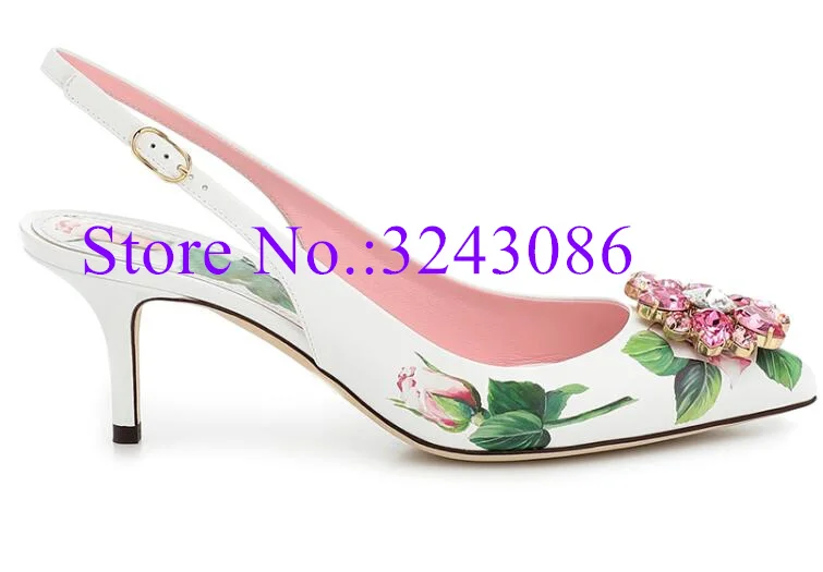 Blue And White Porcelain Thin High Heel Sandals Pointed Toe Slingback Crystal Flower Stiletto Heel Sandals Printing Ladies Shoe