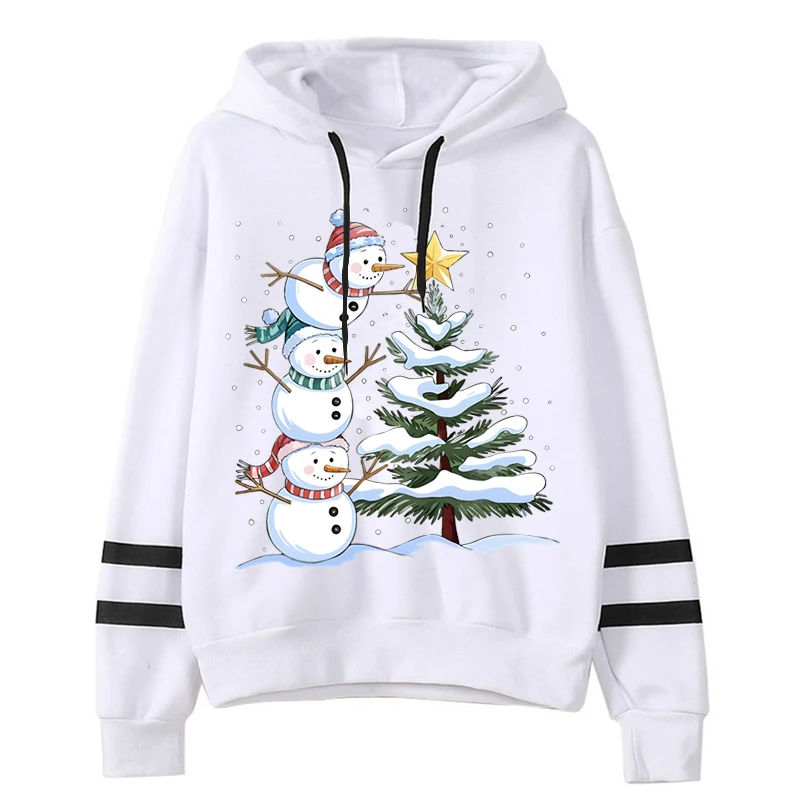 Autumn Winter Christmas Hoodie Women Cartoon Snowman Xmas Tree Graphics Sweatshirts Female Long Sleeve Drawstring Creative Hoody