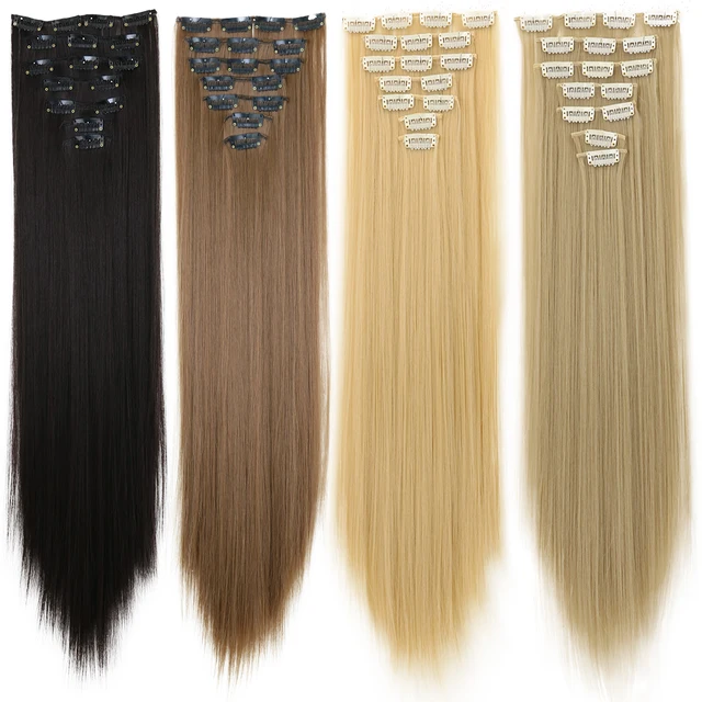 LANSA 7 klipsów długie proste syntetyczne doczepiane włosy doczepiane Cheveux klip naturalne włókno wysokotemperaturowe czarny brązowy treska