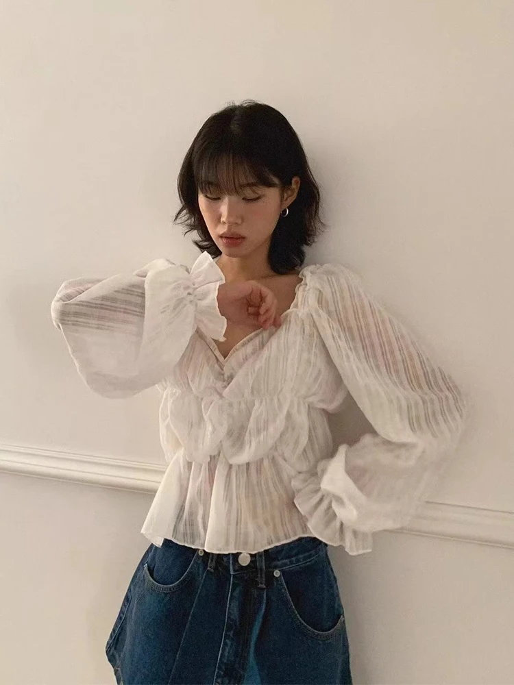 シックなVネックプリーツテクスチャルーズロングスリーブ薄手韓国風通勤ファションレディースプレミアム服秋の新作