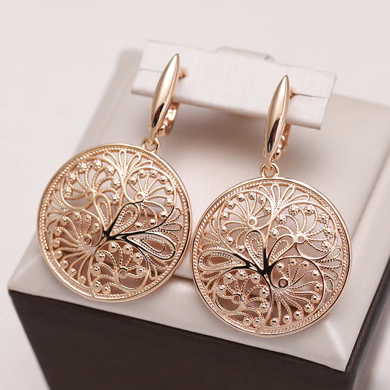 

Kinel Hot Fashion Glossy Dangle Earrings 585 Rose Gold Unusual Metal Sculpture Flower Earrings For Women Fine Daily Jewelry