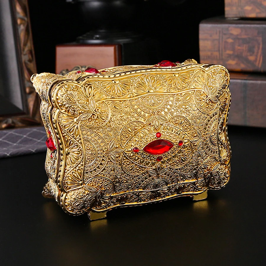Retro Rectangle Gold Red Zircon Jewelry Box Treasure Chest Trinket Jewelry Box Ring Case for Girls Women