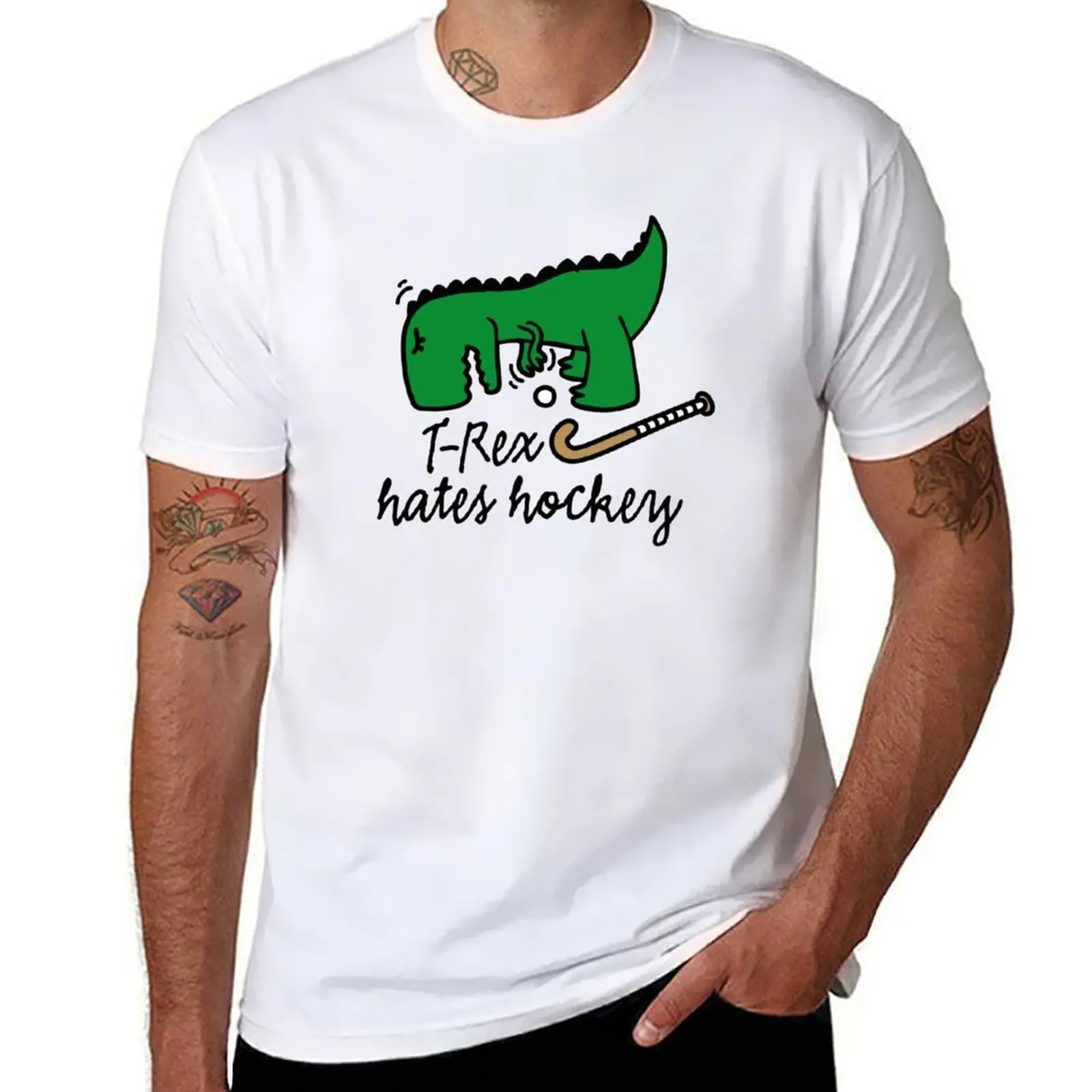 

T-Rex hates hockey field hockey player dinosaur T-Shirt cotton t shirts man 100% t shirts for man cotton soft
