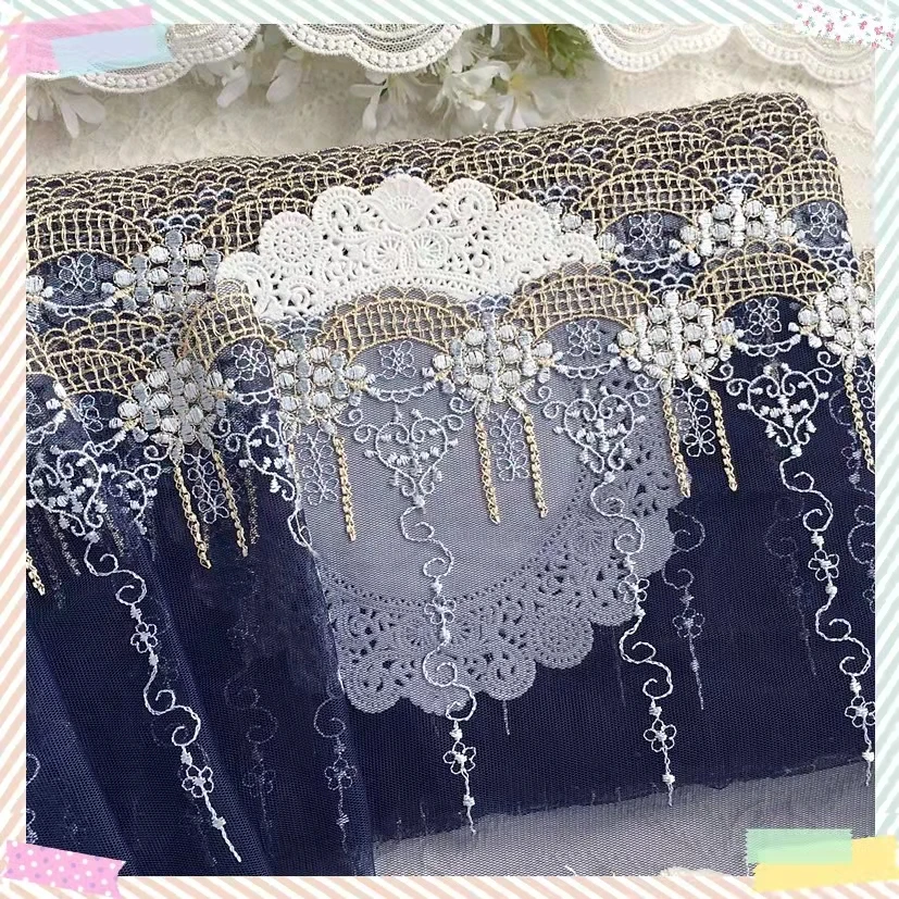 2Yards/20cm Navy Polyester Soft Mesh Embroidery Lace Trimmings Dress Accessories Lace Fabric Sewing Crafts Doll Material